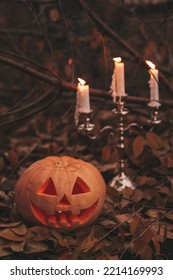 Scary Jack O Lantern Halloween Pumpkins In Sun Day On Ground Among Dry Leaves At Street. Hallows Eve Decoration Funny Glow Pumpkin With Candles On Candlestick At Fall Background In Open Air Near House