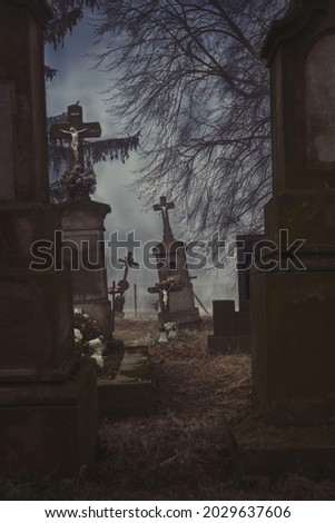 Scary leaning cross tomb stones in a foggy dark winter scene. Old creepy Christian graves on cemetery in Europe. Halloween wallpaper. Rest in peace. Spooky aged tombstones at grave yard with trees