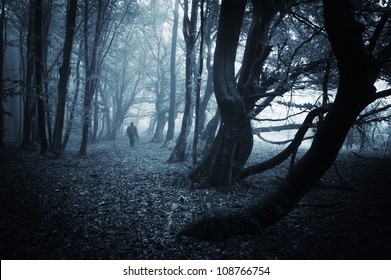 scary man with robe in dark forest
