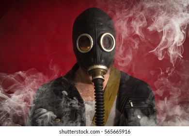 Scary Man Wearing Authentic Russian Gas Mask With Breathing Hose