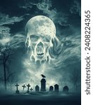 Scary moon and clouds shaped as human skull in the sky above a creepy old graveyard, horror and Halloween concept