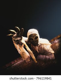 Scary mummy reaching out from its sarcophagus / high contrast image