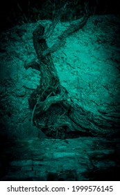 Scary Mysterious Abstract Background With Texture Of Driftwood Root Of Tree Stump In Horror Style With Strange Green Light And Night Shadows