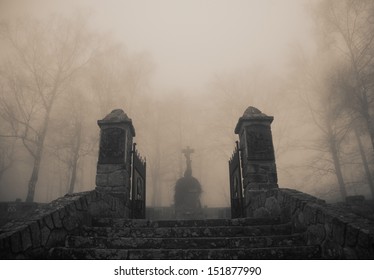 Scary old  entrance to forest graveyard in dense fog