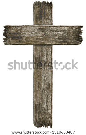 Scary old grunge wooden cemetery cross isolated on white background