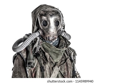 Scary post apocalyptic, living underground, creature with vintage lantern on shoulder, wearing rags and creepy full-face gas mask under tattered hood, studio shoot isolated on white with copy space