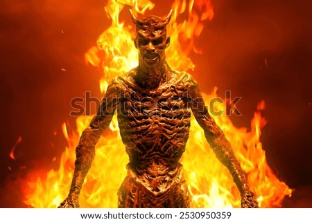 Scary rage angry devil in hell with fire flame and smoke, Halloween theme