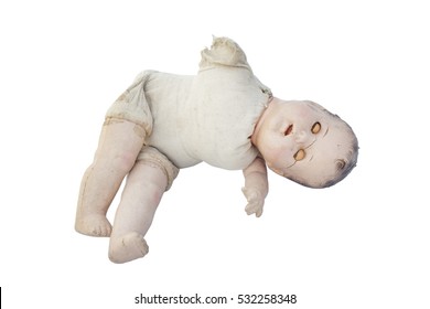 Scary Spooky Vintage Doll Baby.  Isolated. Horizontal.