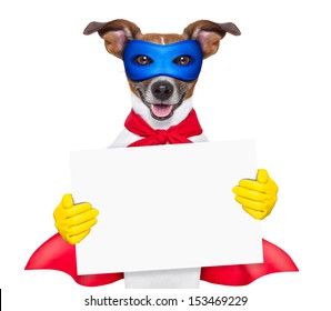 scary super hero dog with  hiding behind a blank banner