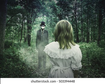 A Scary Tall Man In A Black Suit Is Standing In The Dark Woods At Night And A Little Child Is Looking At Him For A Nightmare Fear Or Monster Concept.