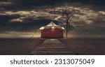 Scary vintage circus tent in the dark, horror and mystery concept