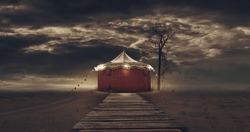 Scary Vintage Circus Tent In The Dark, Horror And Mystery Concept