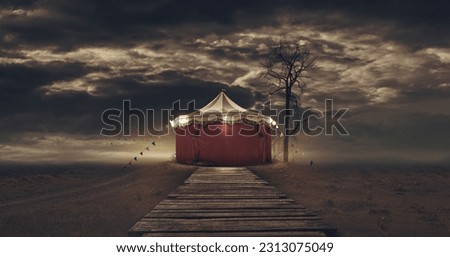 Scary vintage circus tent in the dark, horror and mystery concept