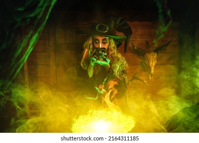 A Scary Wicked Witch Brews A Potion In Her Lair And Holds A Skull In Her Hand. Magical Green Light. Halloween. 