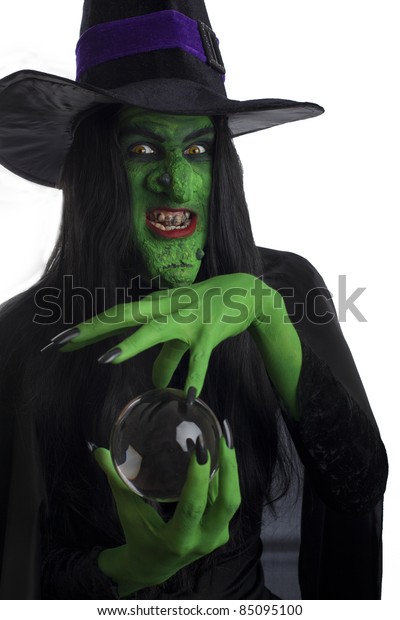 Scary Witch Her Crystal Ball Isolated Stock Photo 85095100 