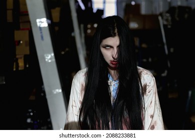 Scary Women With A Long Black Hair In The Basement.