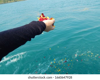 Scatter Ashes Over The Sea.Funeral Ceremony.