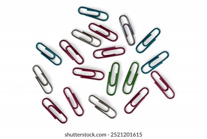 A scattered arrangement of colorful paperclips on a white background. Perfect for illustrating office supplies, organization tools, or school-related materials in business and educational contexts. - Powered by Shutterstock