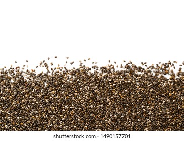 Scattered Chia Seeds On A White, Space For Text. The View Of The Top.