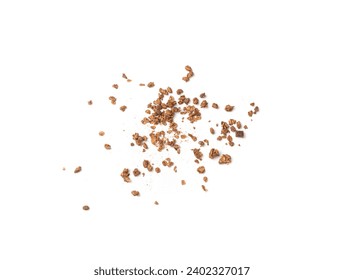Scattered Chocolate Granola Isolated, Flying Cocoa Muesli, Crunchy Cereals, Seeds and Grains Oatmeal Muesli, Chocolate Granola on White Background