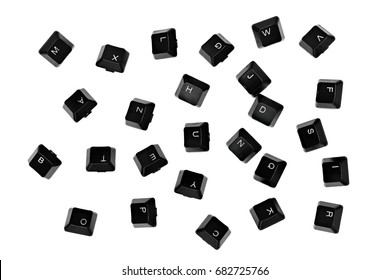 scattered falling black keyboard keys on white background