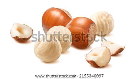 Scattered hazelnut isolated on white background. Package design element with clipping path