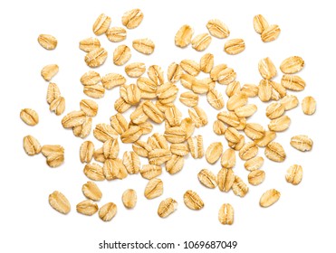 Scattered oat flakes isolated on white background. For oatmeal or granola package design. 