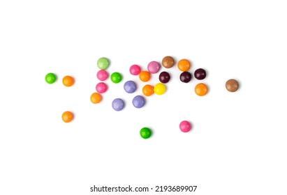 Scattered small candies isolated. Colorful dragees, multicolored glazed chocolate buttons, various dragee collection, rainbow candies on white background - Shutterstock ID 2193689907