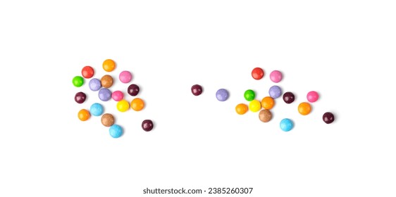 Scattered small candies isolated. Colorful dragees, multicolored glazed chocolate buttons, various dragee collection, rainbow candies on white background
