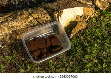 Scattering red tree bark around garden shrubs, acidifying the soil around garden plants, designing the garden space