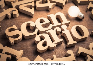 Scenario word in scattered English alpabets with glowing light bulb - Shutterstock ID 1594858216