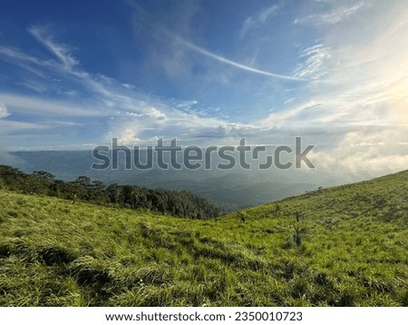 Scenary of evening time at the top of hill in Thailand forest with beautiful green meadow and sunlight in bright blue sky with white cloud