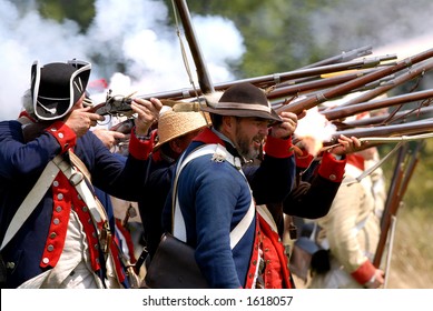 Scene From American Revolution Battle Re Enactment At Fort George, Niagara On The Lake, Ontario, Canada. July 29/2006. The American Infantry.