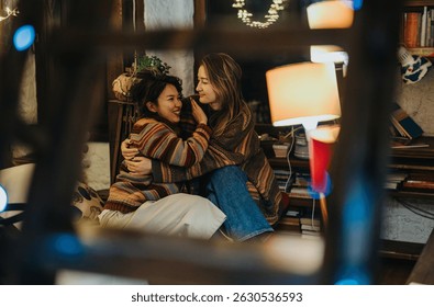 A scene capturing two friends sharing an embrace in a cozy and warmly lit living room environment. The setting evokes feelings of comfort, connection, and cherished moments spent together.
