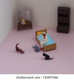 Scene Created With Miniature Toy People. Stereotype Of The Lonely Or Crazy Cat Woman. Lady With Many Cats In Her Apartment Or House. How Many Cats Is Too Many Cats?