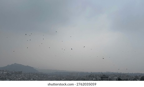 The scene of crows flying in the sky - Massive flocks of crows flying in the sky create a dramatic, often eerie spectacle, with large groups circling or gathering, frequently observed over urban areas.