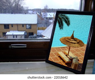 Scene Depicting Cold Miserable Weather Outside With An Exotic Hot Location In The Picture Frame