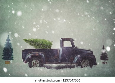 Scene Of A Generic Antique Vintage Toy Truck Carrying A Bottle Brush Christmas Tree