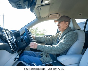 Scene inside a car driven by a senior man