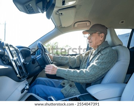 Scene inside a car driven by a senior man
