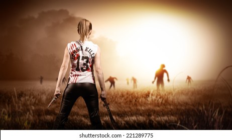 scene like in a horror movie with a woman holding a machete and a knife and standing on a field with approaching zombies