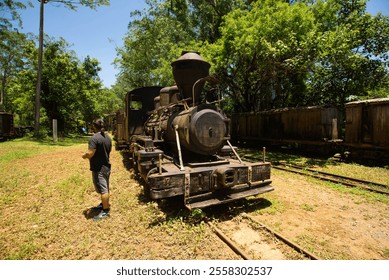 scene, man standing, watching something, next to, old locomotive, powered by coal, steam engine, gauge, 600mm, behind them, wooden freight wagons, closed, in the background, various trees, blue sky - Powered by Shutterstock