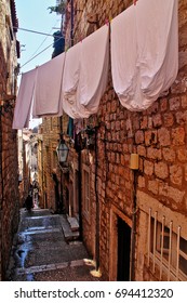 Scene of narrow street with vintage house in old town of Dubrovnik, Croatia