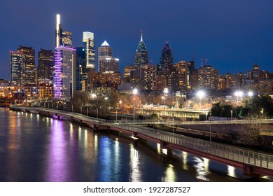 Scene of Philadelphia cityscape river side at the twilight time, USA downtown skyline,pennsylvania, United state of america,  Architecture and building,travel with tourist concept