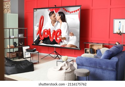 Scene Of Romantic Movie On Screen Of Video Projector At Home