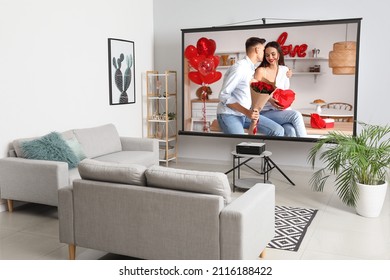 Scene Of Romantic Movie On Screen Of Video Projector At Home