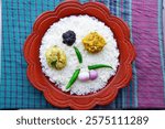 The scene showcases an array of vibrant and delicious dishes, such as steaming hot panta bhaat (fermented rice), crispy fried hilsa fish, colorful chutneys, spicy curries, and fresh dessert.
