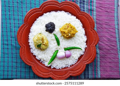 The scene showcases an array of vibrant and delicious dishes, such as steaming hot panta bhaat (fermented rice), crispy fried hilsa fish, colorful chutneys, spicy curries, and fresh dessert.