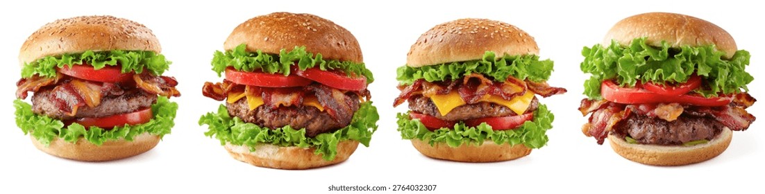 The scene shows multiple burger sets placed on a white background. Each burger has layers of lettuce, tomatoes, cheese, and bacon. Different styles highlight choices for meals.