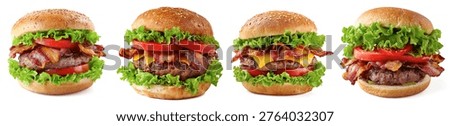 The scene shows multiple burger sets placed on a white background. Each burger has layers of lettuce, tomatoes, cheese, and bacon. Different styles highlight choices for meals.